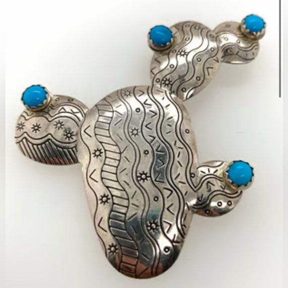 Vintage Carolyn Pollack Carlisle Silver Sterling Turquoise Cactus Pin Brooch - Picture 5 of 5